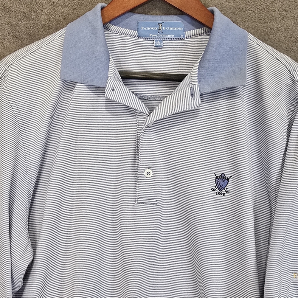 Fairway And Greene Mens Performance Golf Polo Shirt Blue White Stripes L